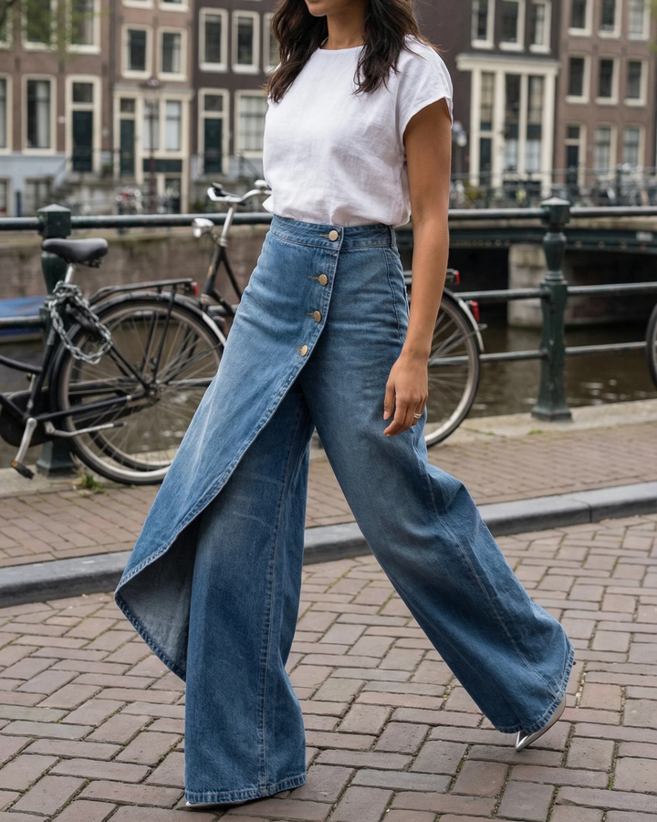Pavellea - Wide Jean with Cross Skirt Effect in Denim