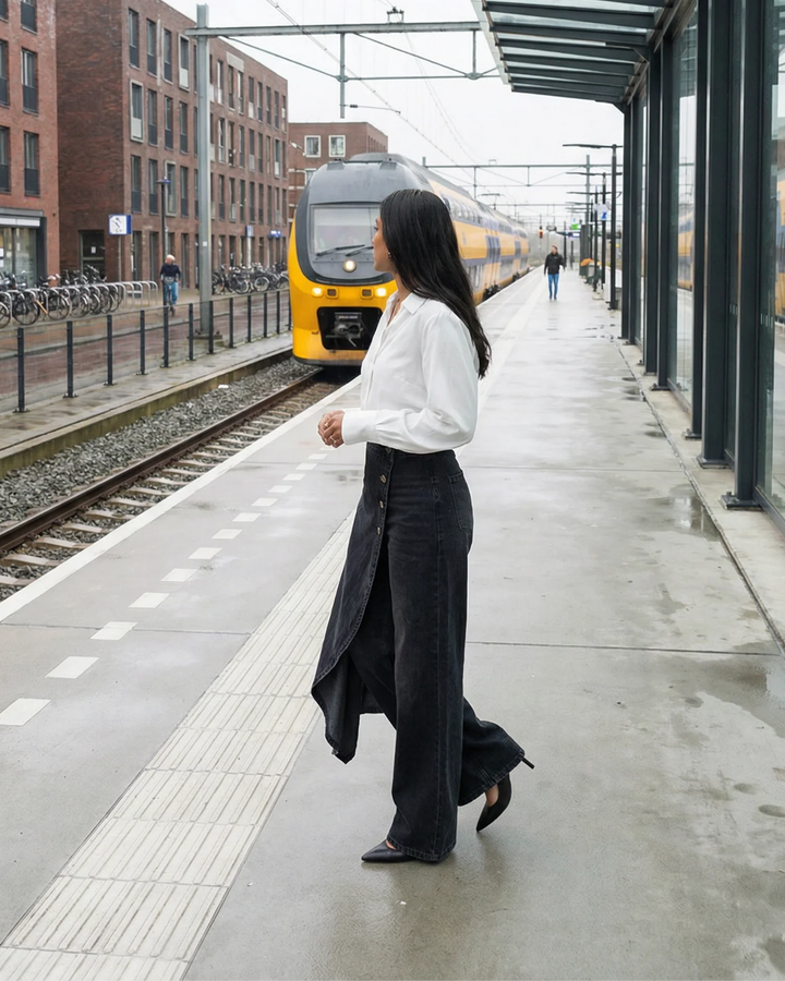 Pavellea - Wide Jean with Cross Skirt Effect in Denim